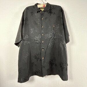 Cabana Mens Shirt XL Black Jacquard Tropical Leaves Silk Button Up Short Sleeve